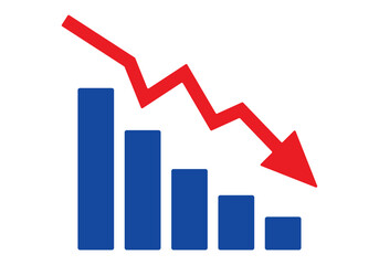 Red arrow going down stock icon on white background. Decrease, Bankruptcy, financial market crash icon for your web site design, logo, app, UI. graph chart downtrend symbol.chart going down sign.