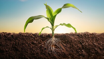 corn plant with roots underground symbolizing soil health and sustainable agriculture