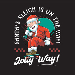Vector Illustration of Santa Brings A Sack Of Gifts Riding A Skateboard with Retro Mascot Illustration Available for Tshirt Design