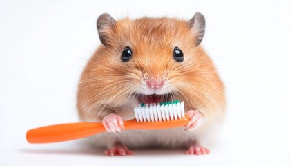 Fototapeta premium Hamster with Toothbrush - Close-up of a hamster holding a toothbrush on a white background, emphasizing dental care.