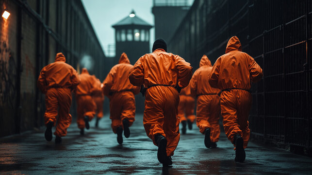 Prisoners in orange jumpsuits fleeing from prison during a jailbreak