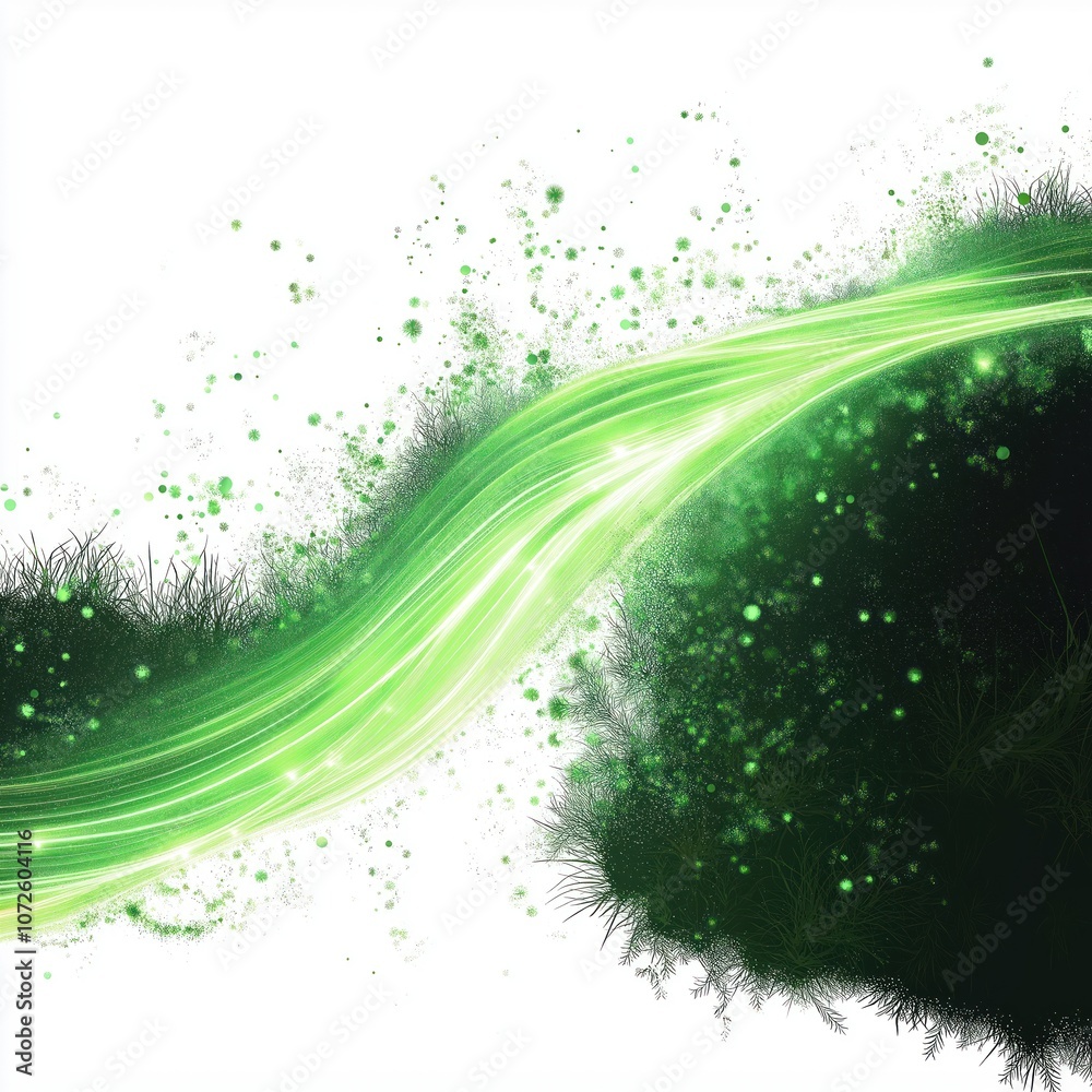 Poster Green energy concept. Bright neon glow abstract design. Effect in shape of wave. Futuristic tech background. Green abstract design with motion effect. Digital art, illustration. Graphic design