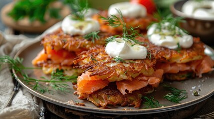 Latkes with salmon and sour cream