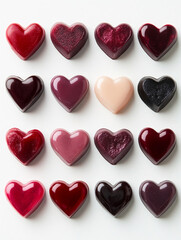 Sixteen heart-shaped candies arranged in a grid, each a different shade of red, pink, and black. The candies are on a white background