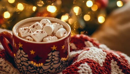 Hot Cocoa with Marshmallow and Christmas Tree - A cup of hot cocoa with marshmallow and a knitted scarf against a Christmas tree background.