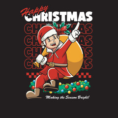 Vector Illustration of Santa Brings A Sack Of Gifts with Retro Mascot Illustration Available for Tshirt Design