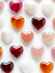 Obraz premium A collection of heart-shaped stones, in various colors, lie on a white surface