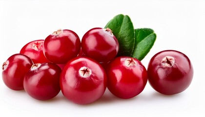 delicious fresh cranberry with green leaves isolated on white background