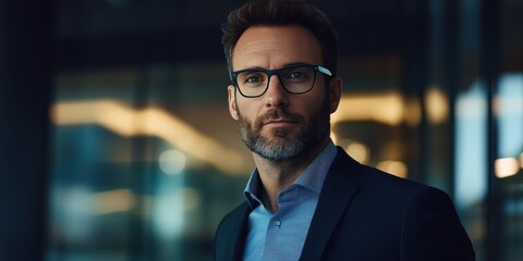 Confident Businessman in Modern Office Environment with Stylish Glasses