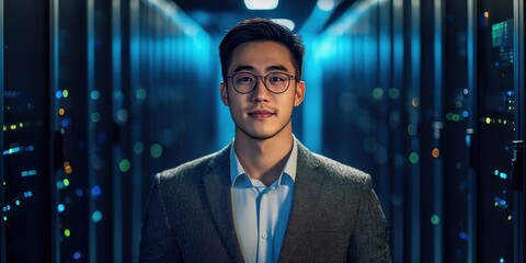 Fototapeta premium Confident Young Professional in a Data Center Surrounded by Servers
