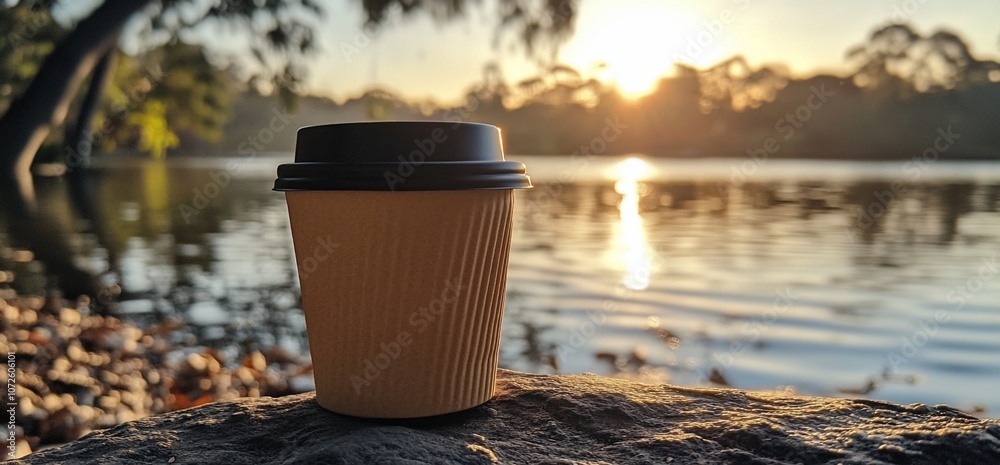 Poster a single disposable coffee cup sits on a rock by a lake with the sun setting in the background.