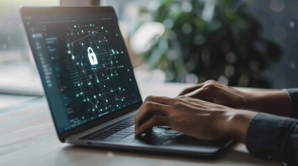 Connection, Advanced Security Encryption, data security and data access. Typing a password on a laptop with a lock icon on the screen. Cybersecurity, secure Internet 