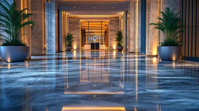 Modern Lobby with Marble Floors and Warm Lighting