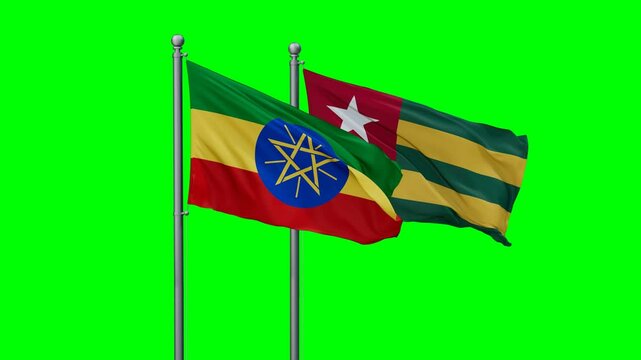 Togo, Togolese Republic and Ethiopia flags flying together, video concept of the relationship with colored chroma key for easy background remove, two country cooperation concept