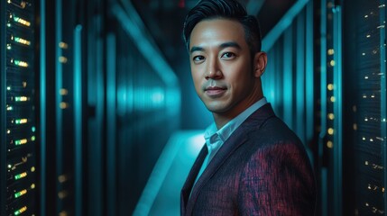 Fototapeta premium Confident Businessman in a High-Tech Data Center with Blue Lighting