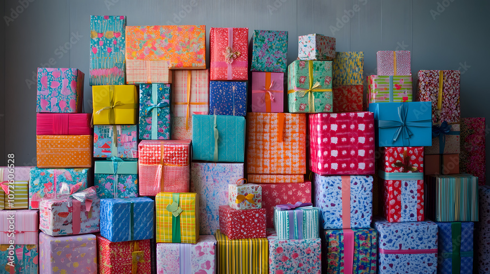Wall mural a colorful array of wrapped gifts stacked beautifully for display.