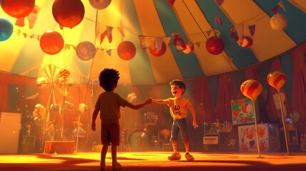 A child interacting with a juggler in a circus tent