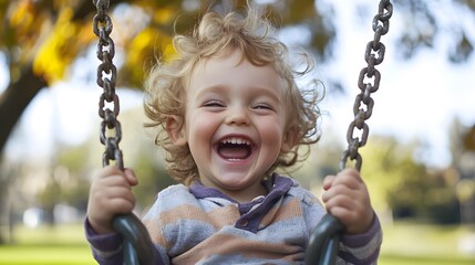 A child laughing on a swing in a park