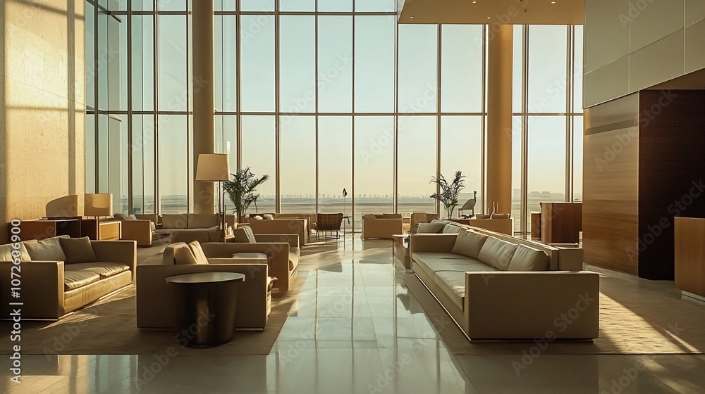 Poster a spacious, modern lobby with large windows overlooking a city skyline. the interior is furnished wi