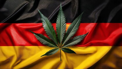 german flag colors painted on crumpled fabric with a large cannabis leaf placed on top