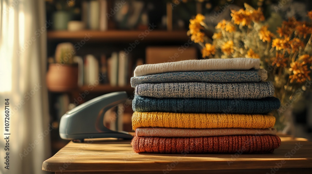 Poster a stack of folded clothes on a wooden table with a handheld steamer in the foreground, bathed in war