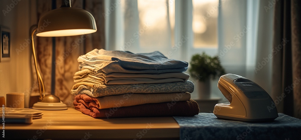 Poster a stack of folded clothes sits on a table next to a lamp and an iron. the room is lit by a warm glow