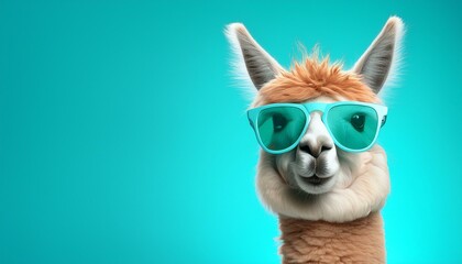 Fototapeta premium cute lama alpaca in stylish mint sunglasses isolated on mint background blank space