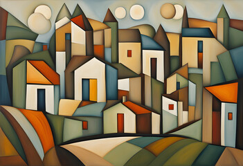 cubist style abstract painting of a european village in a rural setting with geometric shapes and subdued colors