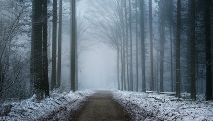 Naklejka premium alone a remote winter forest immersed in fog with trail leading into the unknown