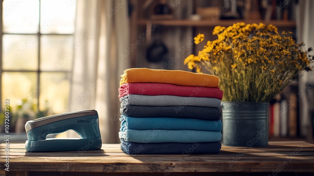 Poster A stack of folded clothes sits on a wooden table next to a handheld steamer. A vase of flowers in the background.