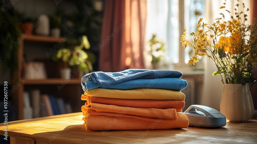 Aufkleber a stack of folded clothes sits on a wooden table in a sunlit room.