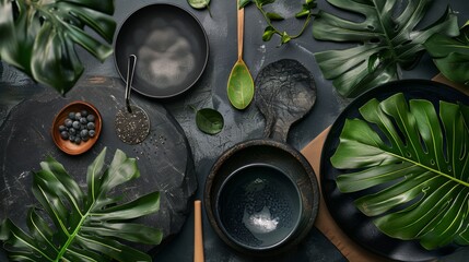 Dark botanical table setting with monstera leaves
