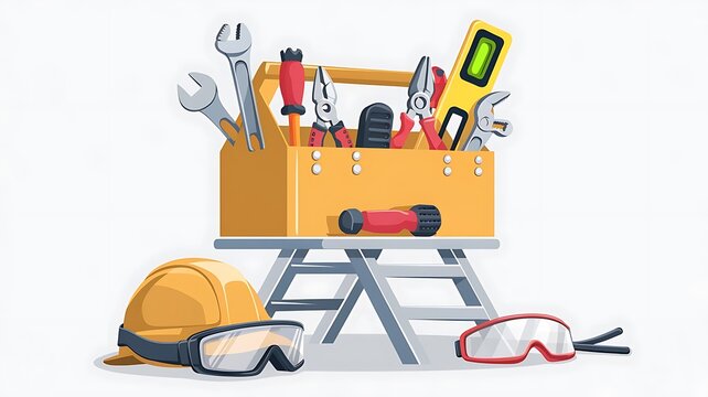 yellow toolbox with tools, helmet, goggles clip art preview