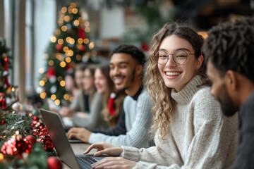 A group of people are sitting around a table with a laptop open
