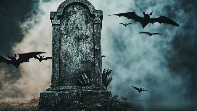 Spooky Halloween Graveyard Scene with Bats and Fog