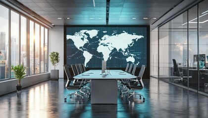 Modern office interior with a holographic world map, emphasizing global connections and communication in a corporate setting.