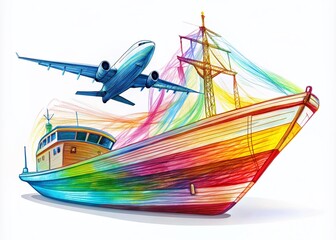 Abstract Color Boat with Plane Line Drawing on White Background for Artistic Exploration and Creative Projects