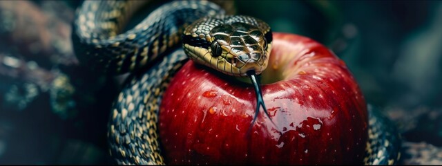 photo depicting a serpent coiled around a red apple, symbolizing the forbidden fruit in theology