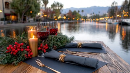 wine and candles, mixed family dinner garden at the dock by the lake, palm trees in florida