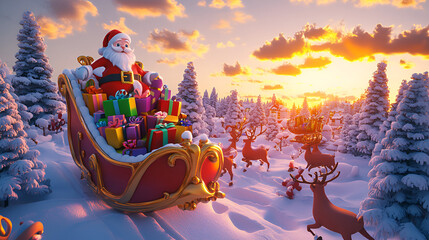 Santa Claus in Sleigh with Gifts and Reindeer at Sunset - being pulled by reindeer through a snowy landscape at sunset, capturing the magic and joy of Christmas.