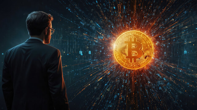 Businessman is watching growing Bitcoin value during all time high cryptocurrency bull market with binary code and lines of data exploding from the center