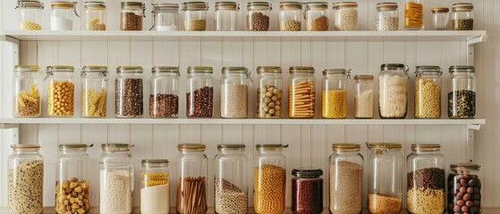 photo of an organized kitchen display featuring glass jars filled with various grains, beans