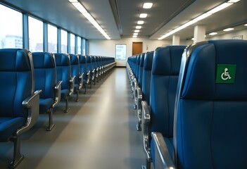 View of rows of seats for disabled passengers in a waiting room at a train station specifically for disabled people, with the disability sign logo on the back of the seat.