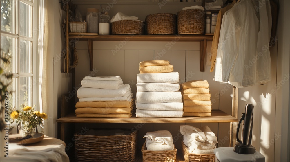 Poster a well-organized closet with stacks of folded towels and linens on a wooden shelf with laundry baske