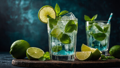 Fototapeta premium Icy mojito in a glass with fresh mint leaves, lime wedges, and ice cubes, giving a cool and refreshing appearance.