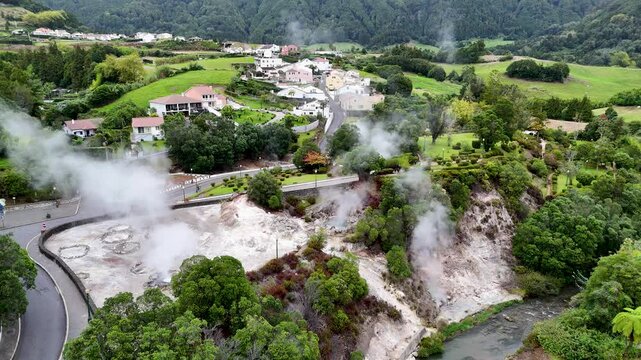 Furnas hot thermal springs, Sao Miguel Island, Azores, Portugal. Aerial 4K drone video footage of Furnas village and Caldeira do Asmodeu