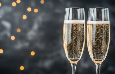 Two champagne glasses with golden sparkling bubbles on gray background and festive bokeh lights