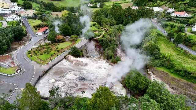 Furnas hot thermal springs, Sao Miguel Island, Azores, Portugal. Aerial 4K drone video footage of Furnas village and Caldeira do Asmodeu