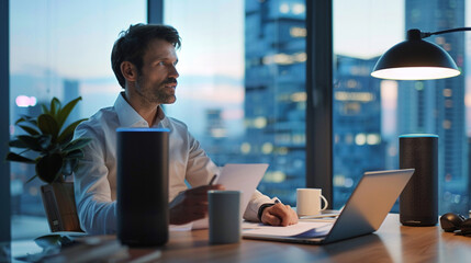 Businessman smiles and interacts with smart speaker, showcasing modern technology integration in daily life. Connectivity, convenience, bonding through smart home device

