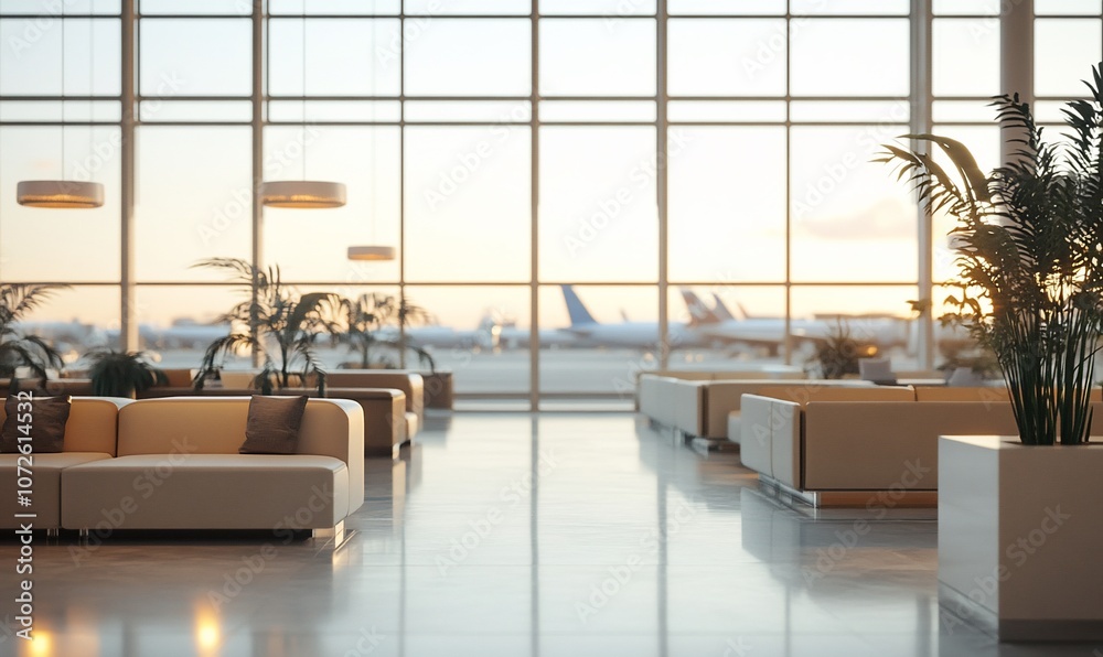 Poster An empty airport waiting area with a view of airplanes on the tarmac.